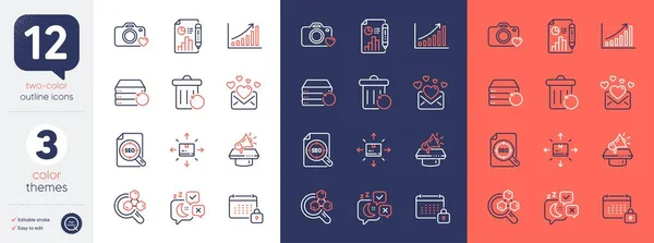 stock vector Set of Seo file, Report document and Calendar line icons. Include Love mail, Cardboard box, Recovery trash icons. Photo camera, Recovery server, Megaphone web elements. Graph chart. Vector