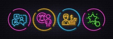 Kullanıcı Bildirimi, Destek Sohbeti ve İş Büyümesi minimal çizgi simgeleri. Neon lazer 3D ışıklar. Yıldız simgeleri sıralanıyor. İnternet, uygulama, baskı için. Vektör