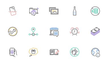 İş evi, Zaman Yönetimi ve İnternet sitesi ve baskı için hediye rüya çizgisi simgeleri. Fotoğraf Koleksiyonu, Geribildirim, Smartphone su geçirmez simgeler. İnternet, dolar, şampanya şişesi ağ elementleri. Vektör