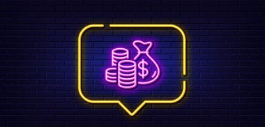 Neon ışığı konuşma balonu. Bozuk para torbası ikonu. Nakit para işareti. Gelir tasarrufu sembolü. Neon ışıklı arka plan. Bozuk para torbası parlaklık çizgisi. Tuğla duvar afişi. Vektör
