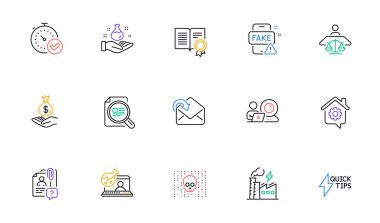Hızlı doğrulama, video konferansı ve web sitesi ve yazdırma için posta hattı simgeleri al. Gelir tahsilatı, siber saldırı, kimya laboratuarı ikonları. Çalışanları ara, evde çalış. Vektör