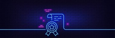 Neon light glow effect. Certificate line icon. Certified document sign. Medal or stamp symbol. 3d line neon glow icon. Brick wall banner. Certificate outline. Vector