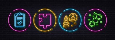 Kontrol listesi, Bulmaca ve Başlangıç asgari satır simgeleri. Neon lazer 3D ışıklar. Kimyasal formül simgeleri. İnternet, uygulama, baskı için. Anket, Bulmaca parçası, Geliştirici. Kimya. Neon ışıkları düğmeleri. Vektör