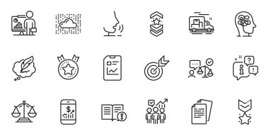 İş istatistikleri, telif hakları sohbetleri ve web uygulaması için stres çizgisi simgeleri. Konuşma, bilgi, teslimat kamyonu taslak ikonu. Rapor belgesini, Öğretmen, Gerçekler simgelerini dahil et. Vektör
