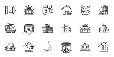 İnternet uygulaması için Circus, Market alıcısı ve Dağıtım hattı simgelerinin ana hatları. Konuşma, bilgi, teslimat kamyonu taslak ikonu. Açık kapı, sokak lambası, bina simgeleri dahil. Vektör