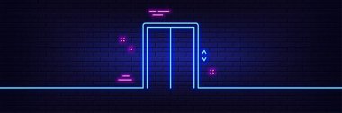 Neon ışık efekti. Çizgi simgesini kaldır. Asansör tabelası. Katlar arası ulaşım sembolü. 3D çizgi neon ışıklı ikon. Tuğla duvar afişi. Taslağı kaldırın. Vektör