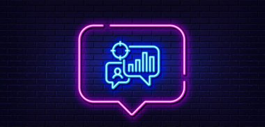 Neon ışığı konuşma balonu. Seo istatistik çizgisi simgesi. Arama motoru optimizasyon işareti. Analitik grafik sembolü. Neon ışıklı arka plan. Seo istatistikleri ışıldıyor. Tuğla duvar afişi. Vektör