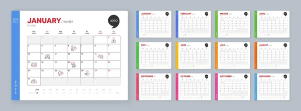Kalender 2022 Maanden Leiderschap Mens Cogwheel Minimale Lijn Pictogrammen Teamwork — Stockvector