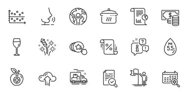 Web uygulaması için Hold Heart 'ın ana hatları, Denetleme ve Tıbbi Yemek Hattı simgeleri. Konuşma, bilgi, teslimat kamyonu taslak ikonu. Rapor, Kaynama Tavası, Nokta çizim simgeleri dahil. Vektör