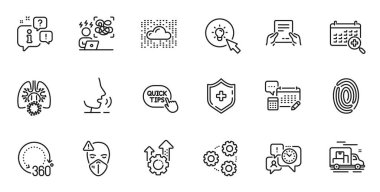 Hızlı ipuçları dizisi, zaman yönetimi ve web uygulaması için tıbbi kalkan simgeleri. Konuşma, bilgi, teslimat kamyonu taslak ikonu. Vektör