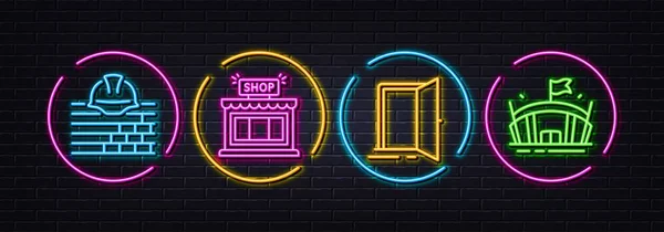Portes Ouvertes Construire Boutique Icônes Ligne Minimale Néon Laser Lumières — Image vectorielle