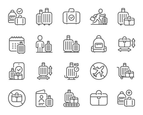 stock vector Baggage line icons. Travel bag size, Check weight and Backpack set. Airport luggage belt, handbag dimensions and baggage claim line icons. Check bag size, allowed luggage and briefcase. Vector