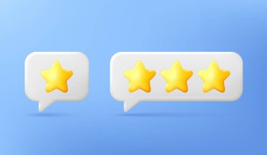 Mavi arkaplanda 3D konuşma balonu var. Sosyal ağ yıldızı derecelendirme simgesi. Tex kutusu iletisini incele. En iyi servis bildirimi 3D sohbet balonu. Yıldızlarla sohbet balonu. Vektör