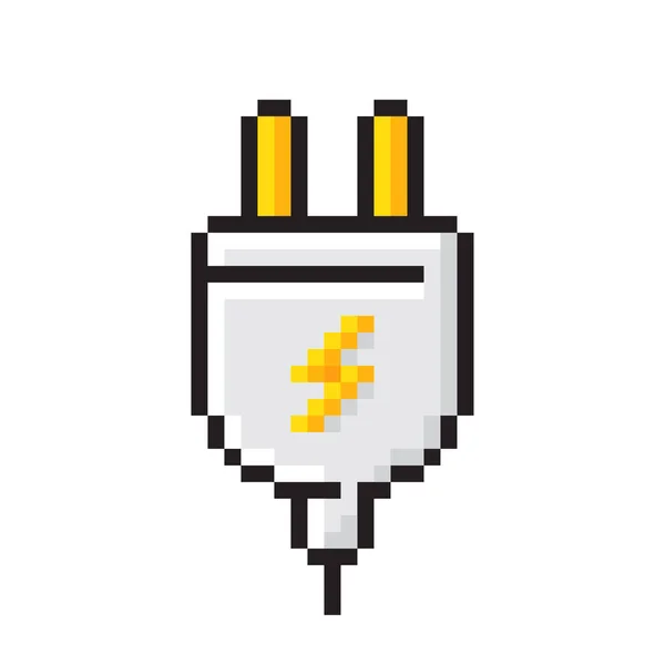 Pixel艺术插头图标 电源插座 带闪电的电力适配器 游戏设计收费图标 电源插头与脐带符号 恢复电力 — 图库矢量图片