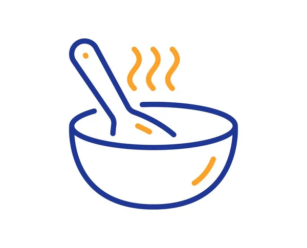 調理線のアイコン スプーンサイン入りのホットボウル 食事のシンボル カラフルな細い線の概念 線形スタイルの料理アイコン 編集可能なストローク ベクトル — ストックベクタ