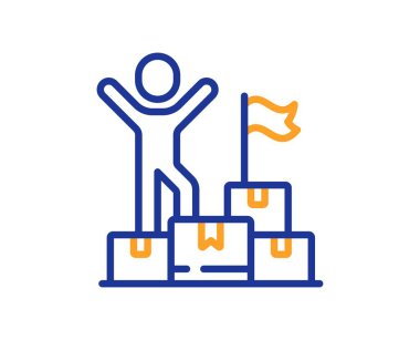 Teslimatçı çizgisi ikonu. Paket işaretli kurye. Bir şeyler sembol getiriyor. Renkli ince çizgi ana hatları. Doğrusal stil teslimatçı adam simgesi. Düzenlenebilir felç. Vektör