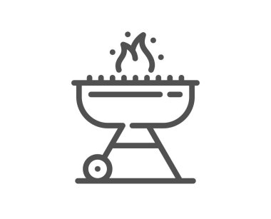 Izgara hattı ikonu. Yemek pişirmek için ızgara pişirici. Ateş sembollü et rendesi. Kalite tasarım elemanı. Doğrusal ızgara simgesi. Düzenlenebilir felç. Vektör