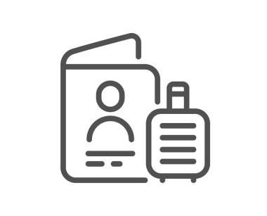 Pasaport çizgisi simgesi. Seyahat bagaj tabelası. Seyahat çantası sembolü. Kalite tasarım elemanı. Doğrusal pasaport simgesi. Düzenlenebilir felç. Vektör