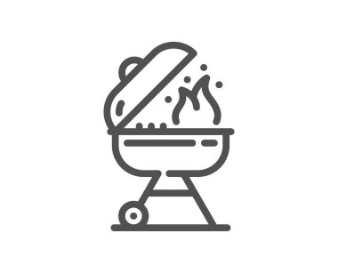 Izgara hattı ikonu. Yemek pişirmek için ızgara pişirici. Ateş sembollü et rendesi. Kalite tasarım elemanı. Doğrusal ızgara simgesi. Düzenlenebilir felç. Vektör
