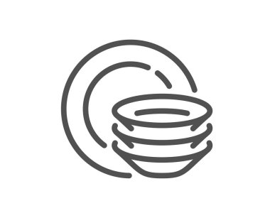 Bulaşık çizgisi simgesi. Masa takımı tabelası. Mutfak gereçleri sembolü. Kalite tasarım elemanı. Doğrusal yemek ikonu. Düzenlenebilir felç. Vektör