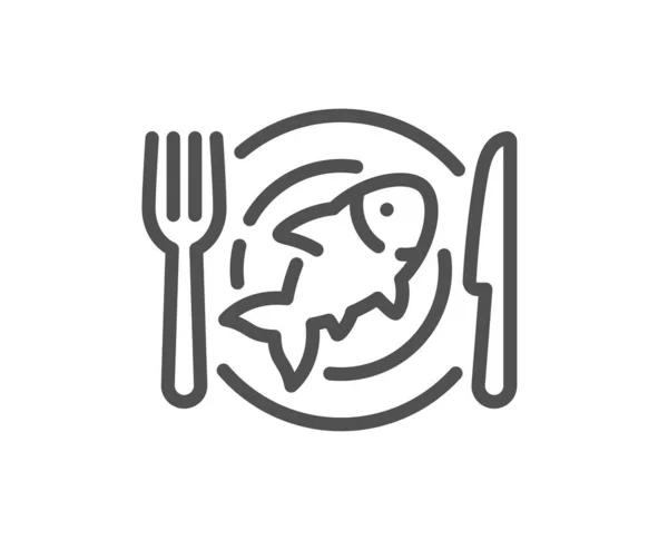 海鲜线图标 鱼的菜肴标志 带叉子和刀叉的盘子 质量设计要素 线性风格海鲜图标 可编辑的中风 — 图库矢量图片