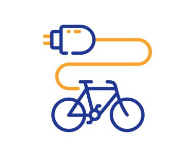 Elektrikli bisiklet hattı simgesi. Motorlu bisiklet taşıma levhası. Bisiklet sembolünü şarj et. Renkli ince çizgi ana hatları. Doğrusal stil elektrikli bisiklet ikonu. Düzenlenebilir felç. Vektör