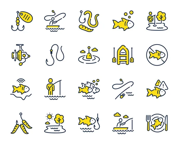 Иконки Рыболовных Линий Надувная Лодка Черви Наживка Личинок Удочка Поплавок — стоковый вектор