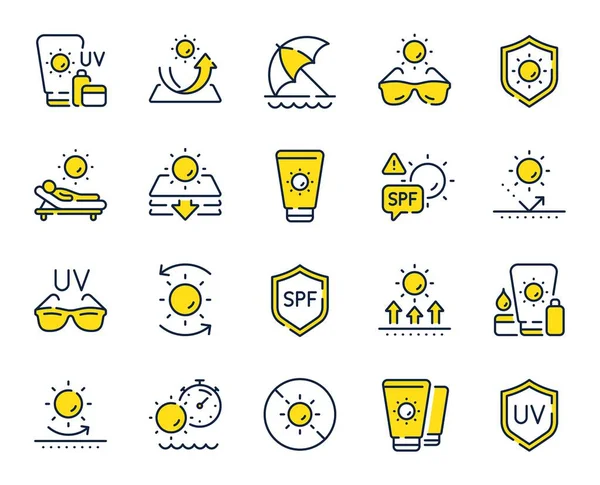 Sun Protection Line Icons Sunscreen Beach Lounger Umbrella Set Summer — Stock Vector