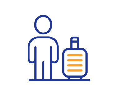 Bagaj hattı simgesi. Seyahat bagajı tabelası olan adam. Seyahat çantası talep sembolü. Renkli ince çizgi ana hatları. Doğrusal bagaj ikonu. Düzenlenebilir felç. Vektör