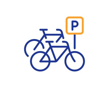 Bisiklet park alanı ikonu. Şehir bisiklet taşıma levhası. Açık hava ulaşım sembolü. Renkli ince çizgi ana hatları. Doğrusal stil bisiklet park ikonu. Düzenlenebilir felç. Vektör