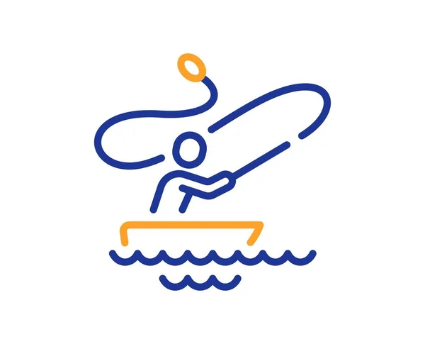 Значок Рыболовной Линии Лодки Рыбак Крутящимся Жезлом Ловлю Рыбный Символ — стоковый вектор