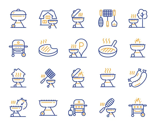 Grill Line Icons Salmon Meat Steak Bbq Smoker Fire Cooking — Stock Vector