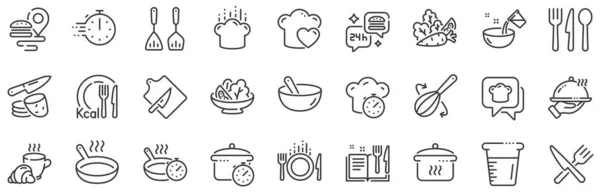 煮沸时间 炒锅和厨房用具 烹饪线图标 勺子和刀线图标 厨师帽和切菜板 烹调书 油炸时间 — 图库矢量图片