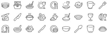 Bulaşık tabağı, yemek kasesi ve mutfak gereçleri. Tablo çizgisi simgeleri. Çatal, kaşık ve bıçak çizgisi simgeleri. Izgara tavası, bulaşık makinesi ve makarnalı tabak. Yemek tabağı, bardak ve çay fincanı. Vektör