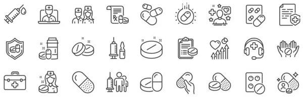 Healthcare Prescription Pill Signs Medical Drugs Line Icons Pharmacy Drugs — Stock Vector