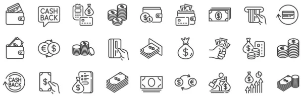 Conjunto Iconos Banca Cartera Monedas Iconos Línea Dinero Tarjeta Crédito — Archivo Imágenes Vectoriales