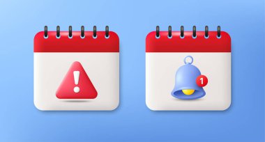 Tehlike uyarısı ve uyarı işareti olan 3D takvim simgeleri. Olay takvimi tarih hatırlatması, takvim tehlike günü, flört uyarısı. Tarih uyarısı, önemli takvim günü notu. Vektör illüstrasyonu