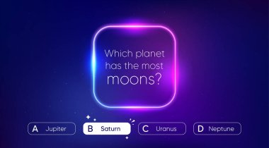 Sınav oyun menüsü, test soruları seçimi. TV programı ya da bilgi yarışması için neon şablonu. Soru ve cevap seçenekleri ile bilmece. Yıldız evreni arka planında neon çerçeveli bir test oyunu. Vektör illüstrasyonu