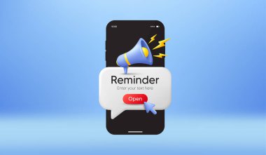 Ekranda mesaj var. Akıllı telefondan yeni uyarı geldi. Megafon uyarısı. Önemli olay mesajı it. Takvim hatırlatıcı konuşma balonu sunar. Düğmeye bas. Vektör