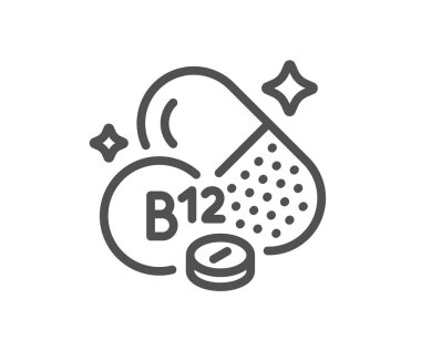 B12 vitamini çizgi simgesi. Kobalamin gıda besin işareti. Kapsül ya da hap takviyesi sembolü. Kalite tasarım elemanı. Doğrusal kobalamin vitamin ikonu. Düzenlenebilir felç. Vektör