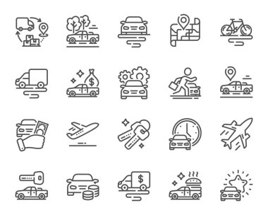 Işınlama hattı simgeleri. Araba, uçak ve dağ bisikleti seti. Tedarik zinciri, araba anahtarı ve seyahat haritası simgeleri. Yemek teslimatı, nakliye ve araba kiralama. Araç yolculuğu. Vektör