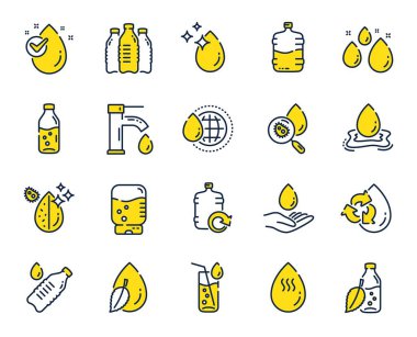 Su damlası çizgisi simgeleri. Bir şişe, antibakteriyel filtre ve musluk suyu lineer simgeleri seti. Bakteri, soğutucu ve şişeyi doldur. Sıvı damlası, antibakteriyel temizleyici ve içecek makinesi, tap. Vektör