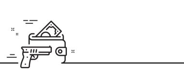 Silahlı soygun ikonu. Para dolandırıcılığı işareti. Silahlı bir hırsız para sembolünü çaldı. Asgari çizgi çizimi arka planı. Silahlı soygun çizgisi ikon desenli pankart. Beyaz ağ şablonu konsepti. Vektör