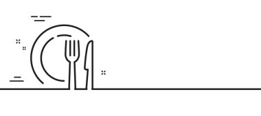 Tabak çizgisi simgesi. Masa takımı tabağı tabelası. Mutfak çatalı ve bıçak sembolü. Asgari çizgi çizimi arka planı. Tabak çizgisi simgesi pankartı. Beyaz ağ şablonu konsepti. Vektör