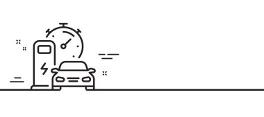 İstasyon hattı simgesi yükleniyor. Araba şarj zamanı tabelası. Elektrik güç sembolü. Asgari çizgi çizimi arka planı. İstasyon çizgisi simge pankartı yükleniyor. Beyaz ağ şablonu konsepti. Vektör