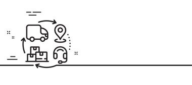 Tedarik zinciri simgesi. Teslimat lojistik işareti. Ürün tedarikçisi sembolü. Asgari çizgi çizimi arka planı. Tedarik zinciri simge desenli pankart. Beyaz ağ şablonu konsepti. Vektör