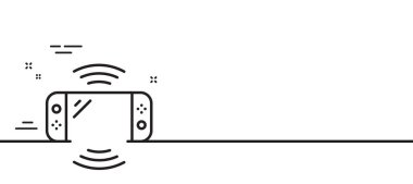 Oyun konsolu çizgi simgesi. Taşınabilir oyun alanı işareti. Video joypad rıhtım sembolü. Asgari çizgi çizimi arka planı. Oyun konsolu çizgi simgesi pankartı. Beyaz ağ şablonu konsepti. Vektör