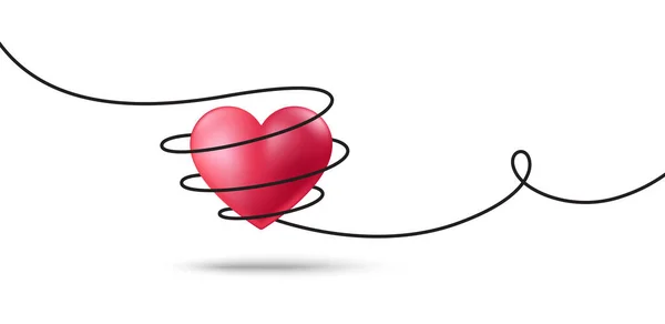 心脏包裹在绳子的背景 三维爱情气球横幅 情人节或母亲节装饰 可爱的3D心脏 爱带约会设计 情人节快乐 矢量说明 — 图库矢量图片