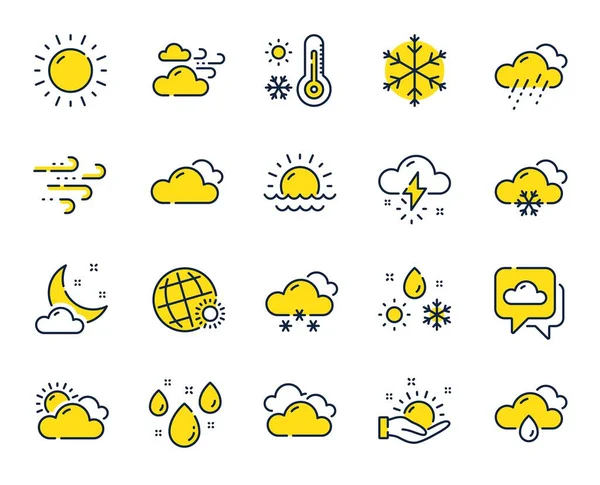 Значки Линий Погоды Прогноза Погоды Облачное Небо Зимняя Снежинка Термометр — стоковый вектор