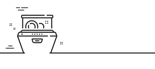 食器洗浄機のラインアイコン 食器やプレートのサインを洗う 食器洗浄機のシンボル 最小限の線のイラストの背景 食器洗浄機のラインアイコンパターンバナー ホワイトウェブテンプレートのコンセプト ベクトル — ストックベクタ